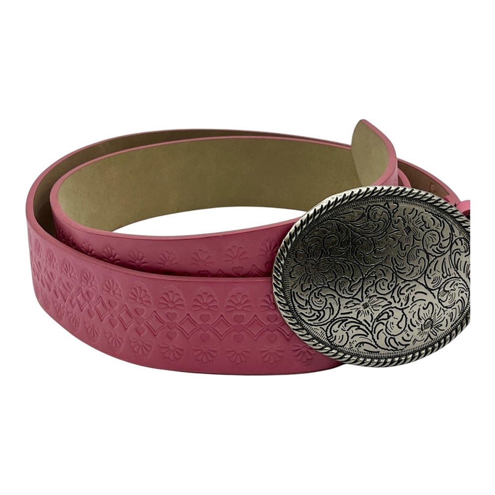 New Hot Pink Western Embossed Belt Silver Floral Plaque Buckle XL 46' Cowgirl